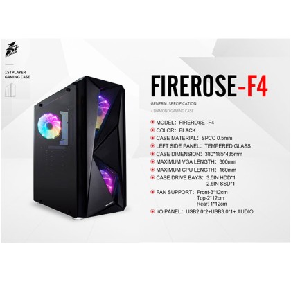 1st Player Firerose F4 Tempered Glass Atx Gaming Casing(with 3 Rgb Fan) Tempered Glass Side Panel ATX Motherboard